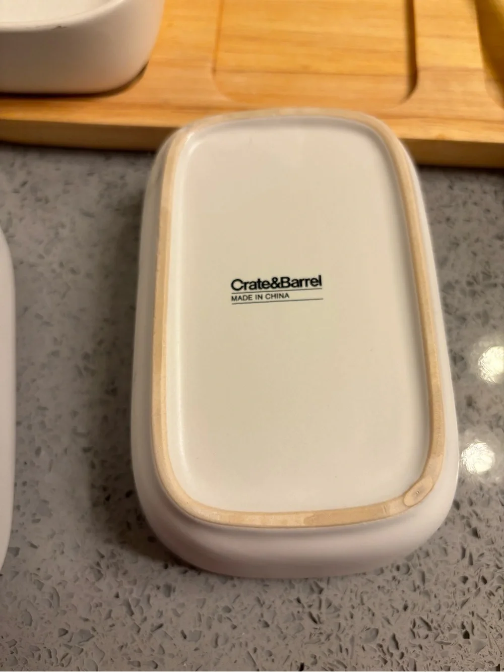 Crate & Barrel White Ceramic Triple Serving Dish on Bamboo Tray